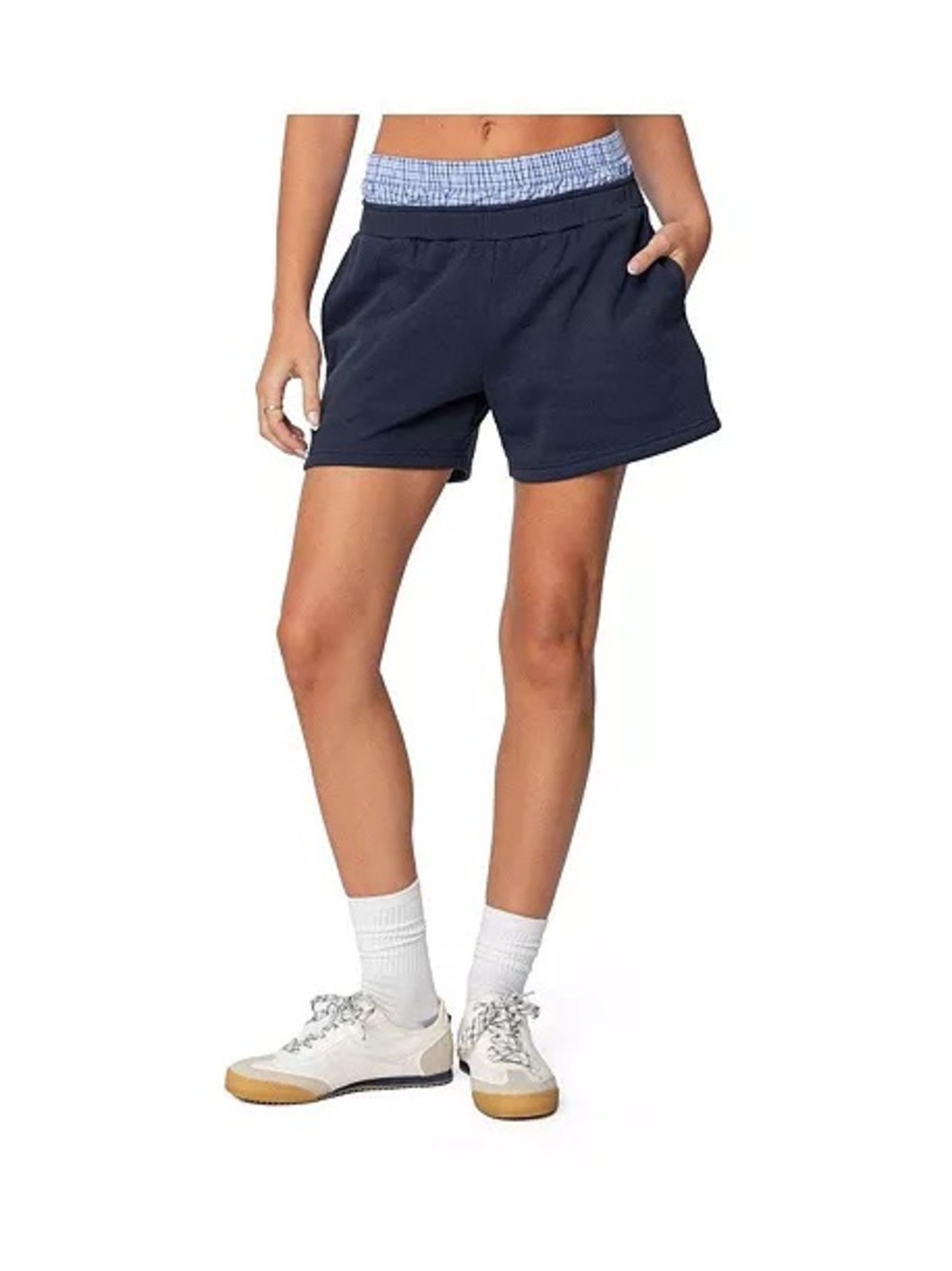 Edikted 🩵 Navy Women's Active Lounge Shorts with Plaid Boxer Detail Size Medium